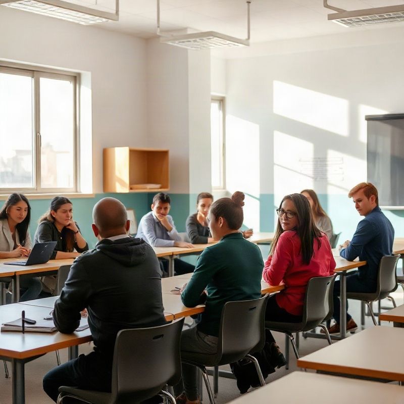 Pequeño grupo de estudiantes en un aula moderna con acentos teal en Tacuarembó