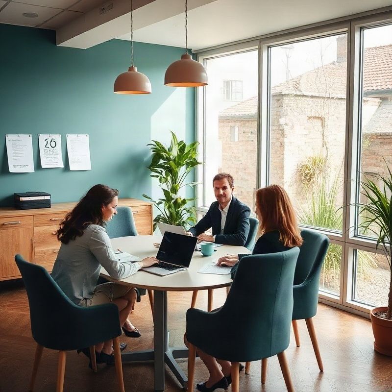 Equipo de docentes colaborando alrededor de una mesa con laptops y materiales impresos