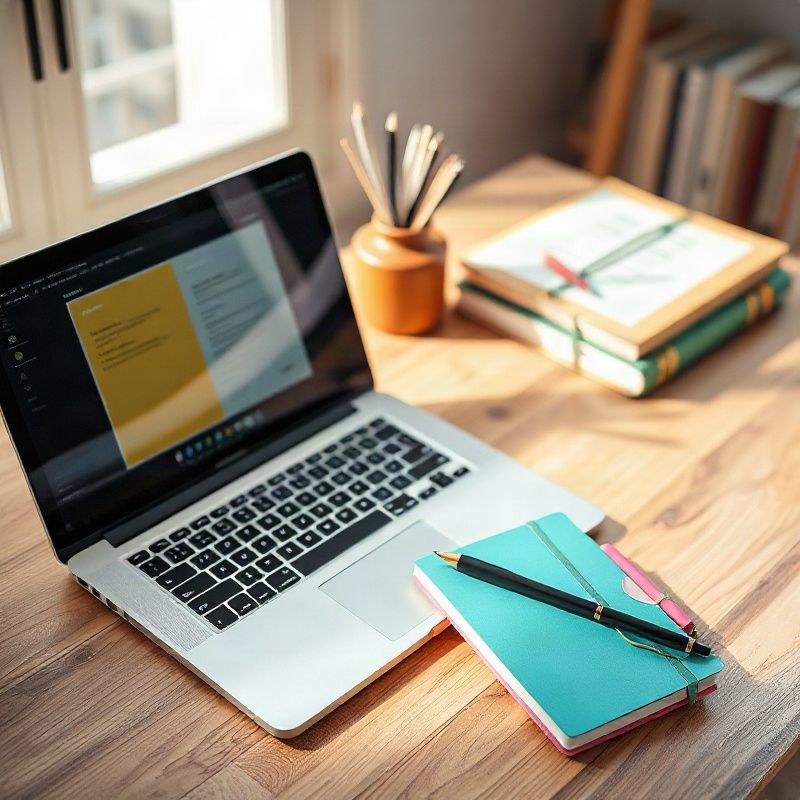 Laptop abierta con notas de estudio y un cuaderno teal sobre un escritorio de madera